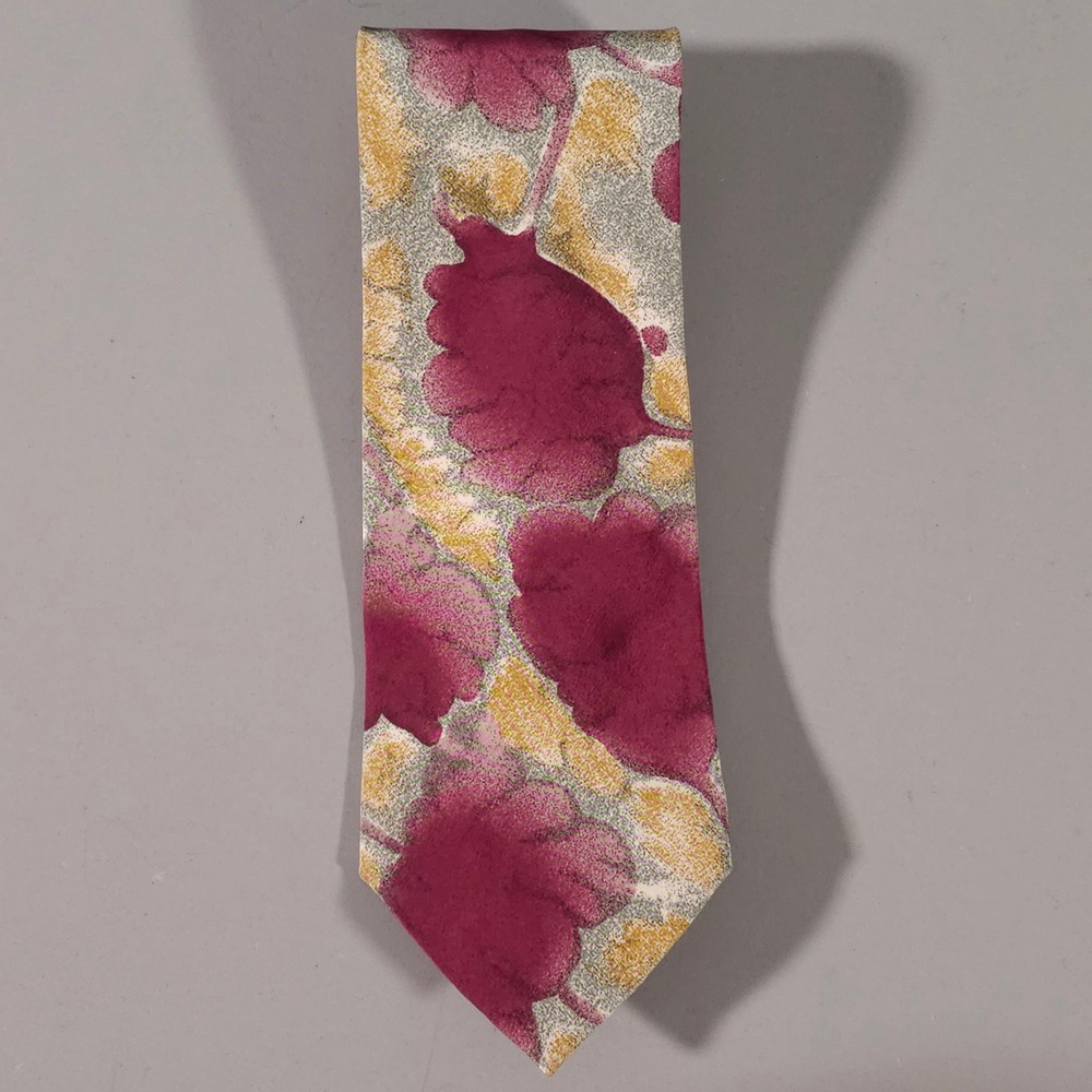 Hugo Boss Tie Mens OS Burgundy Gold Abstract Floral Silk Made in Italy